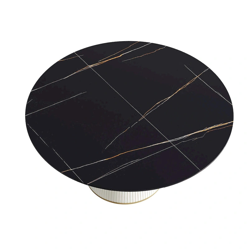 Table à manger ronde sur pied en PU avec plateau en faux marbre
