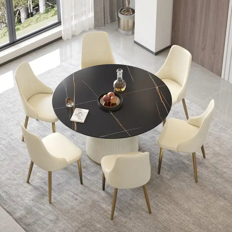 Table à manger ronde sur pied en PU avec plateau en faux marbre
