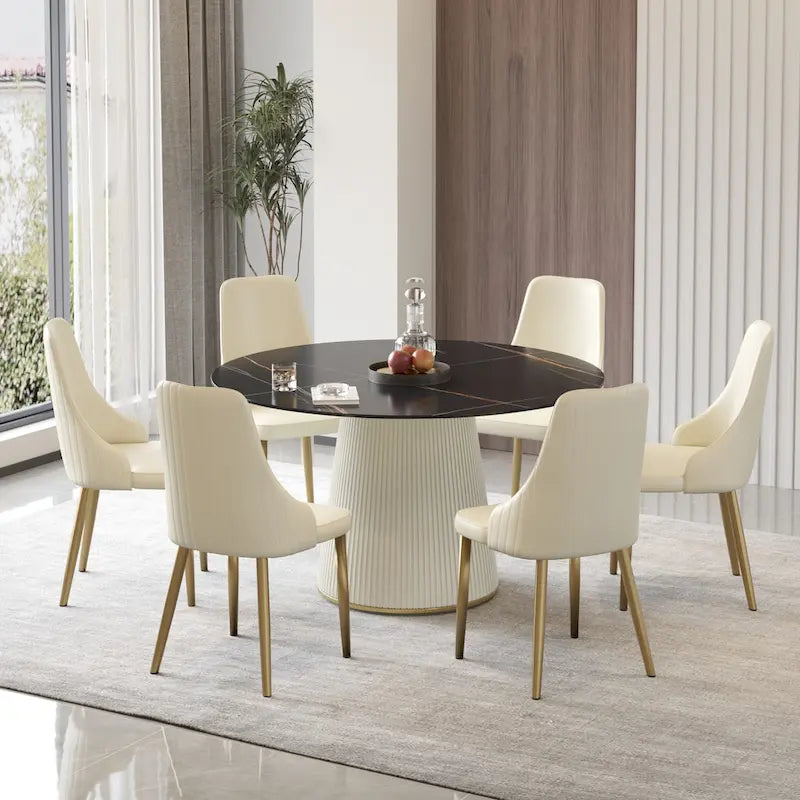 Table à manger ronde sur pied en PU avec plateau en faux marbre