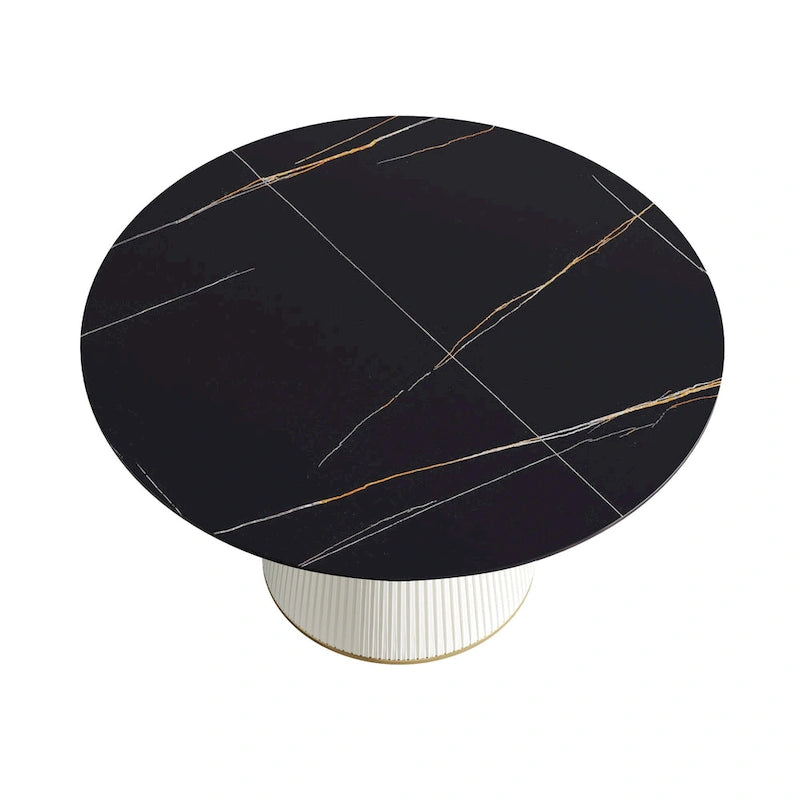 Table à manger ronde sur pied en PU avec plateau en faux marbre