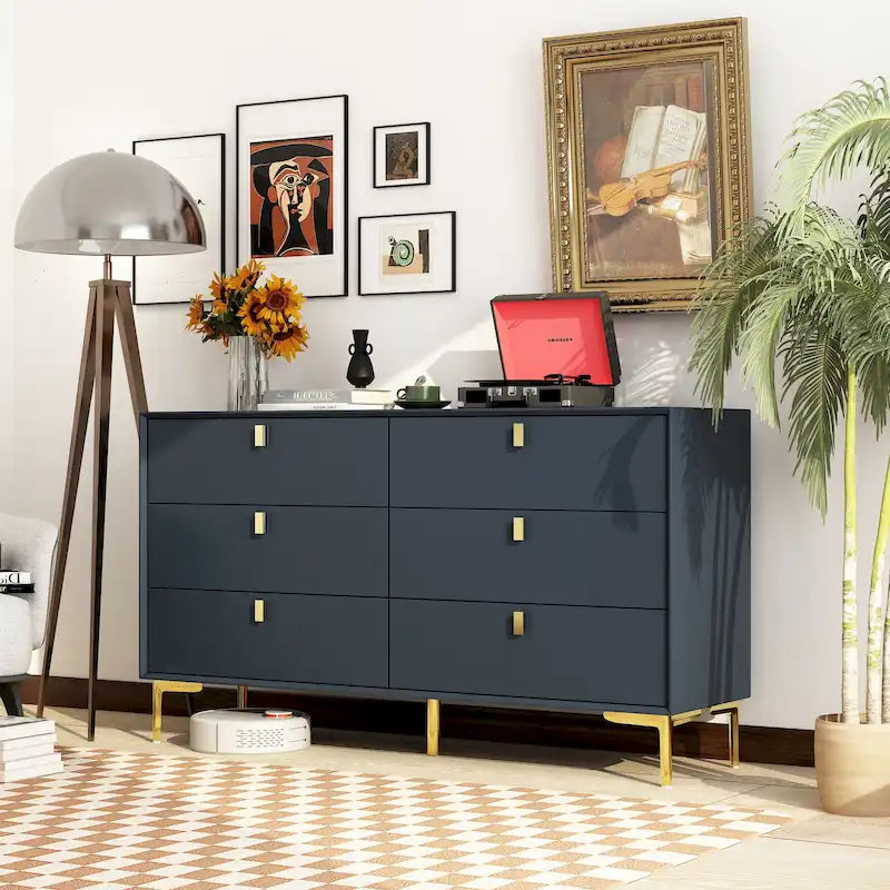 Commode double à 6 tiroirs 55,1W avec meuble de rangement noir et or