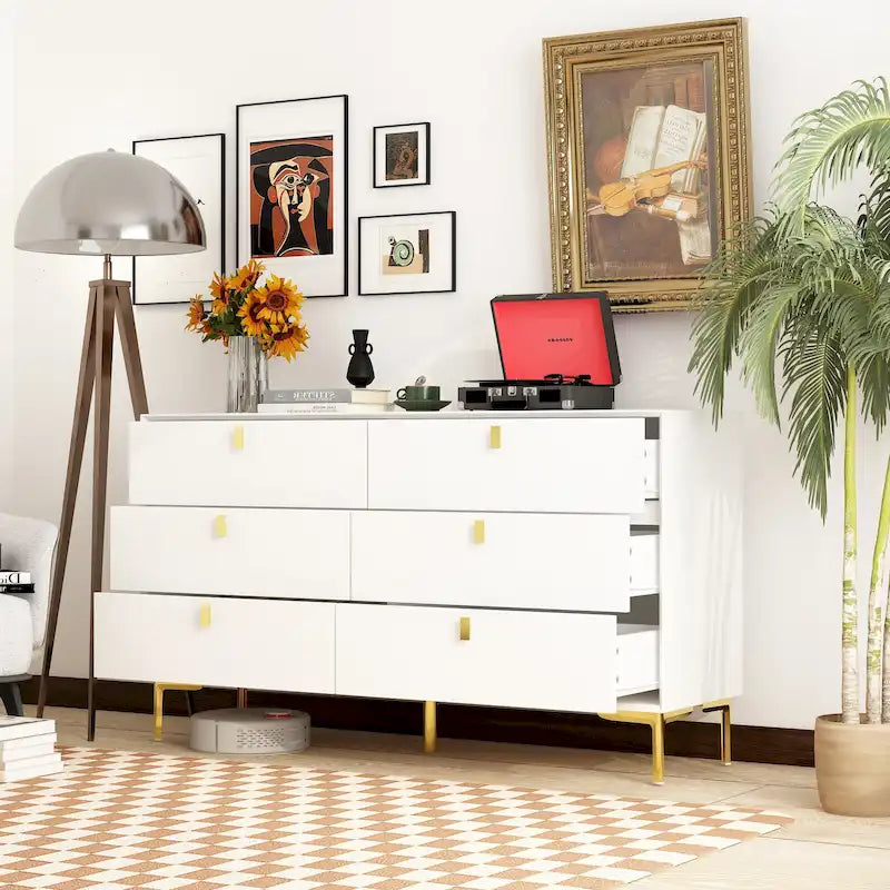 Commode double à 6 tiroirs 55,1W avec meuble de rangement noir et or
