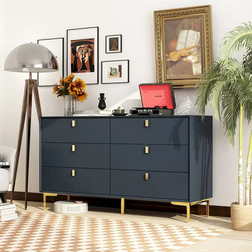 55.1W 6-Drawer Double Dresser Black Gold Storage Cabinet Chest