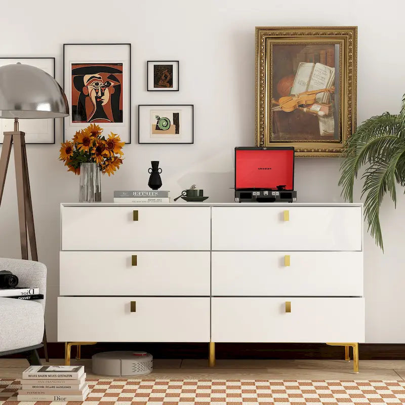 Commode double à 6 tiroirs 55,1W avec meuble de rangement noir et or