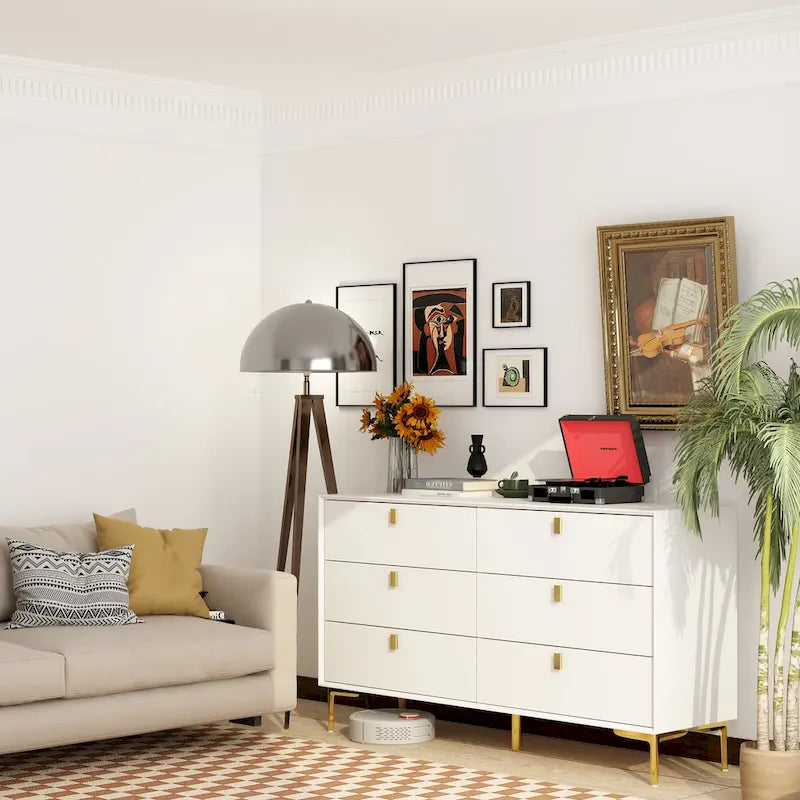 Commode double à 6 tiroirs 55,1W avec meuble de rangement noir et or