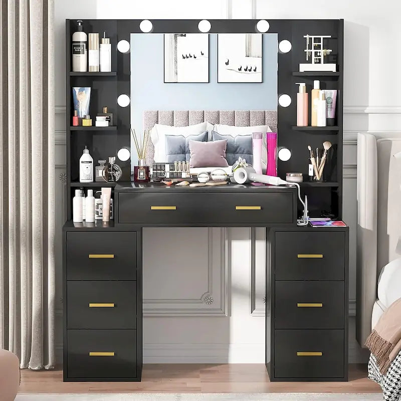 Coiffeuse de Maquillage de 43 po avec Lumière à 3 Couleurs, Station de Charge, Étagères de Rangement, 7 Tiroirs