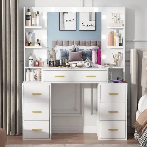43 Makeup Vanity with 3 Color Light, Charging Station, Storage Shelves, 7 Drawers