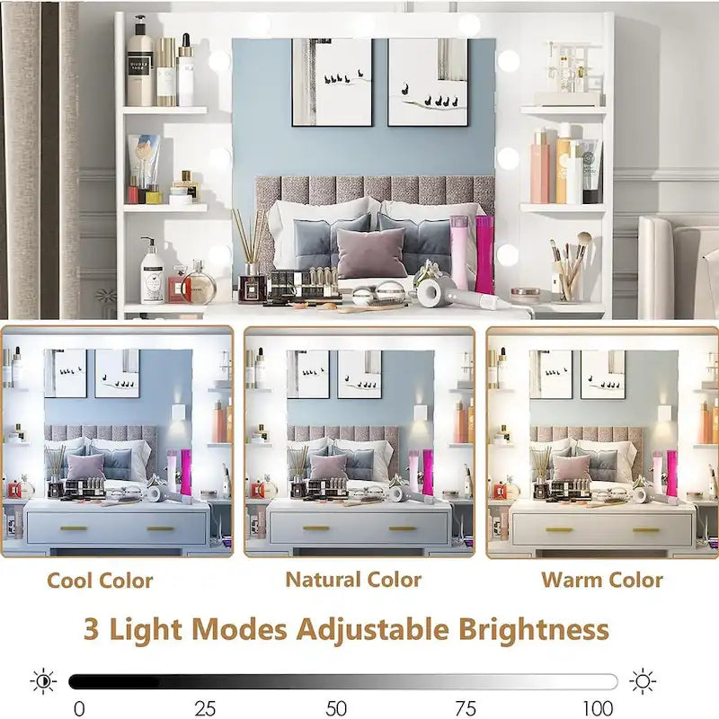 Coiffeuse de Maquillage de 43 po avec Lumière à 3 Couleurs, Station de Charge, Étagères de Rangement, 7 Tiroirs