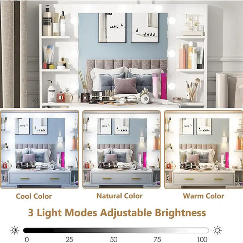 Coiffeuse de Maquillage de 43 po avec Lumière à 3 Couleurs, Station de Charge, Étagères de Rangement, 7 Tiroirs