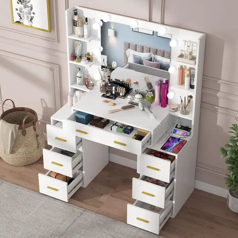 Coiffeuse de Maquillage de 43 po avec Lumière à 3 Couleurs, Station de Charge, Étagères de Rangement, 7 Tiroirs