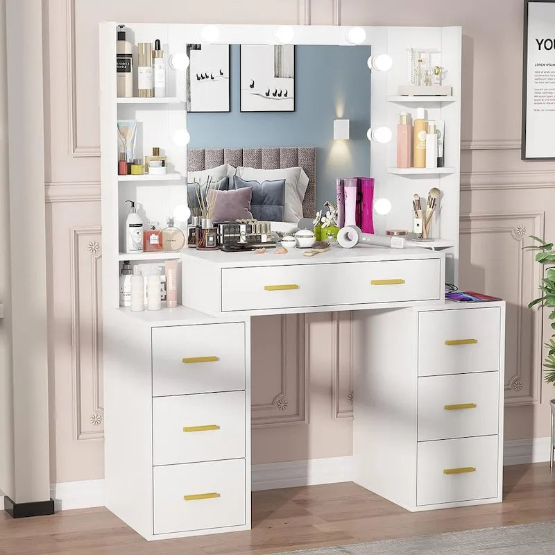 Coiffeuse de Maquillage de 43 po avec Lumière à 3 Couleurs, Station de Charge, Étagères de Rangement, 7 Tiroirs
