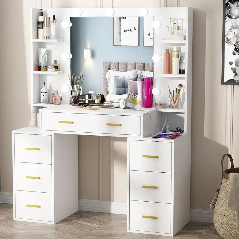 Coiffeuse de Maquillage de 43 po avec Lumière à 3 Couleurs, Station de Charge, Étagères de Rangement, 7 Tiroirs