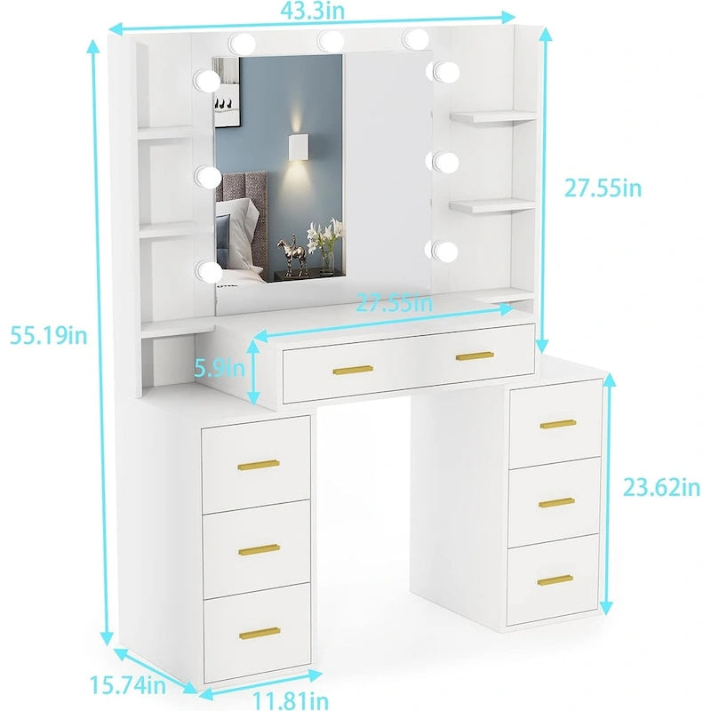 Coiffeuse de Maquillage de 43 po avec Lumière à 3 Couleurs, Station de Charge, Étagères de Rangement, 7 Tiroirs
