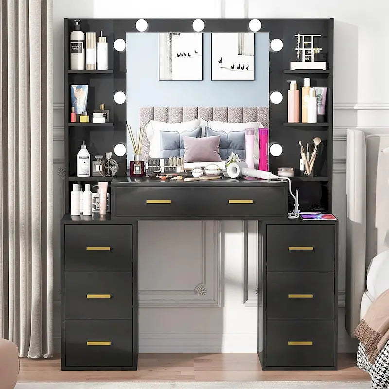 Coiffeuse de Maquillage de 43 po avec Lumière à 3 Couleurs, Station de Charge, Étagères de Rangement, 7 Tiroirs