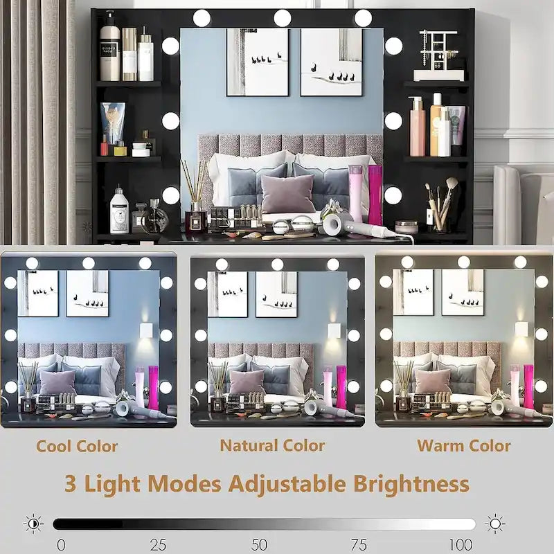 Coiffeuse de Maquillage de 43 po avec Lumière à 3 Couleurs, Station de Charge, Étagères de Rangement, 7 Tiroirs