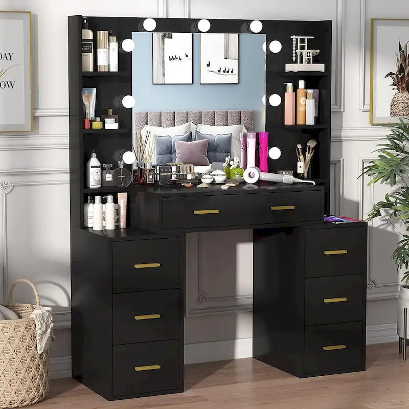 Coiffeuse de Maquillage de 43 po avec Lumière à 3 Couleurs, Station de Charge, Étagères de Rangement, 7 Tiroirs