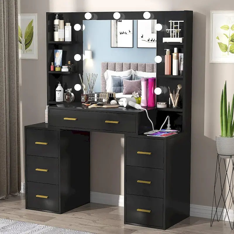 Coiffeuse de Maquillage de 43 po avec Lumière à 3 Couleurs, Station de Charge, Étagères de Rangement, 7 Tiroirs