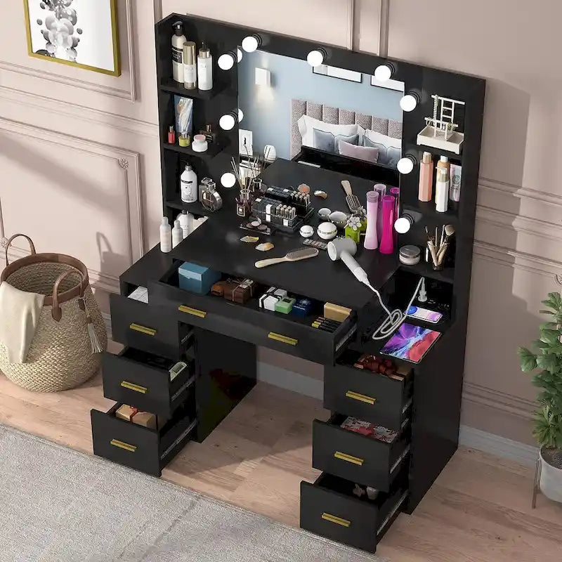 Coiffeuse de Maquillage de 43 po avec Lumière à 3 Couleurs, Station de Charge, Étagères de Rangement, 7 Tiroirs