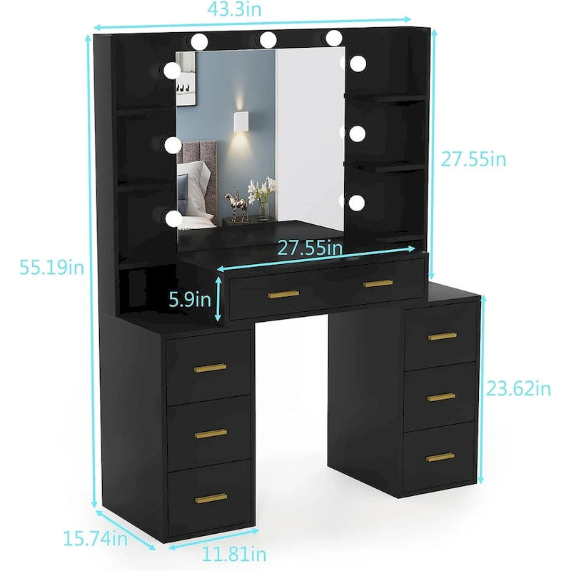 Coiffeuse de Maquillage de 43 po avec Lumière à 3 Couleurs, Station de Charge, Étagères de Rangement, 7 Tiroirs