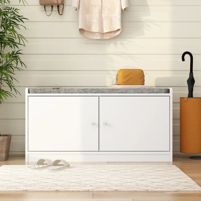 Banc de rangement pour chaussures d'entrée avec 2 portes et coussin d'assise rembourré