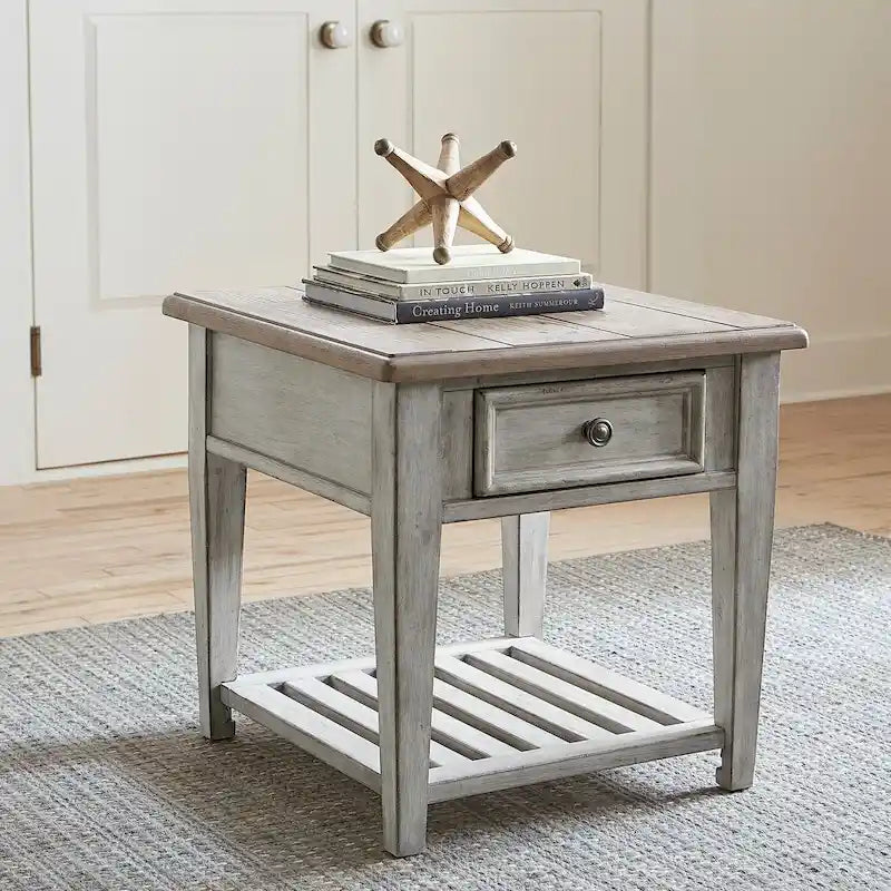 Table d'appoint antique blanche à 1 tiroir