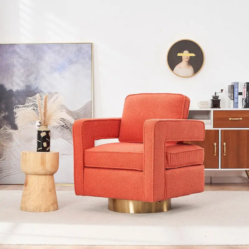 Fauteuil d'appoint pivotant moderne en tissu avec dossier ajouré et piètement doré