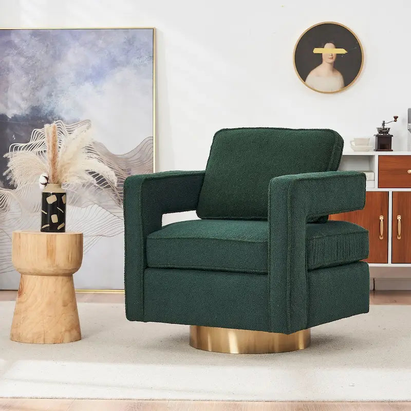 Fauteuil d'appoint pivotant moderne en tissu avec dossier ajouré et piètement doré
