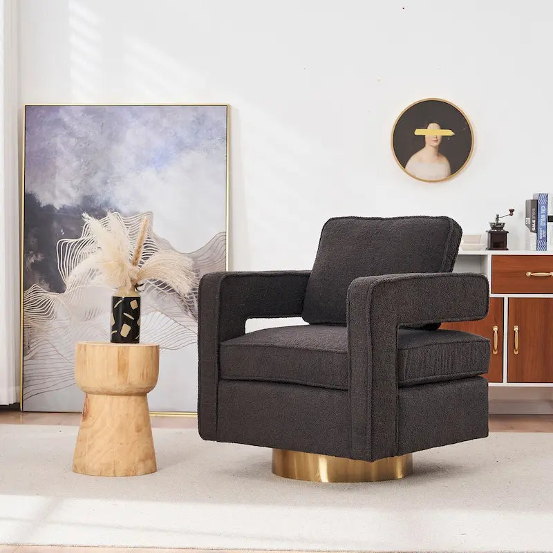 Fauteuil d'appoint pivotant moderne en tissu avec dossier ajouré et piètement doré
