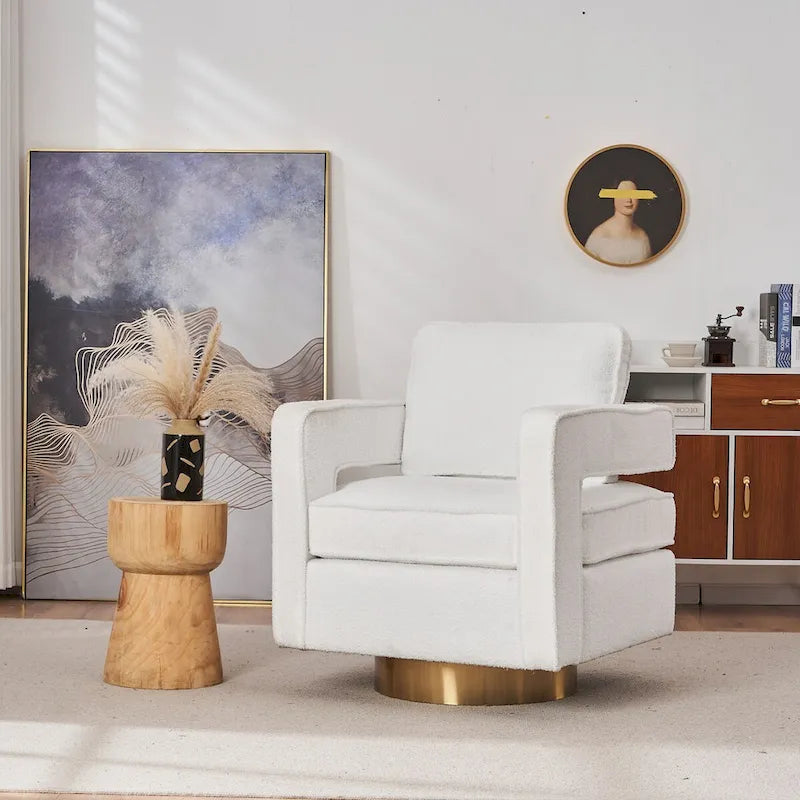 Fauteuil d'appoint pivotant moderne en tissu avec dossier ajouré et piètement doré