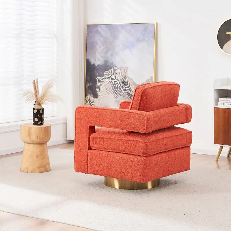 Fauteuil d'appoint pivotant moderne en tissu avec dossier ajouré et piètement doré