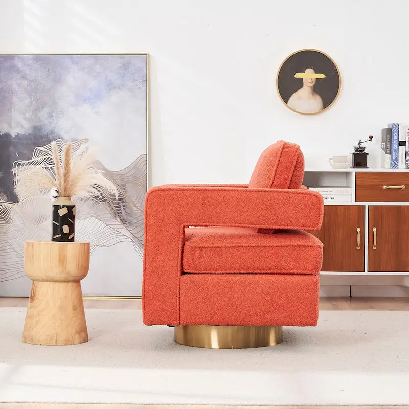Fauteuil d'appoint pivotant moderne en tissu avec dossier ajouré et piètement doré