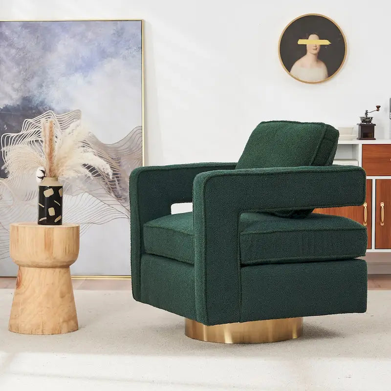 Fauteuil d'appoint pivotant moderne en tissu avec dossier ajouré et piètement doré