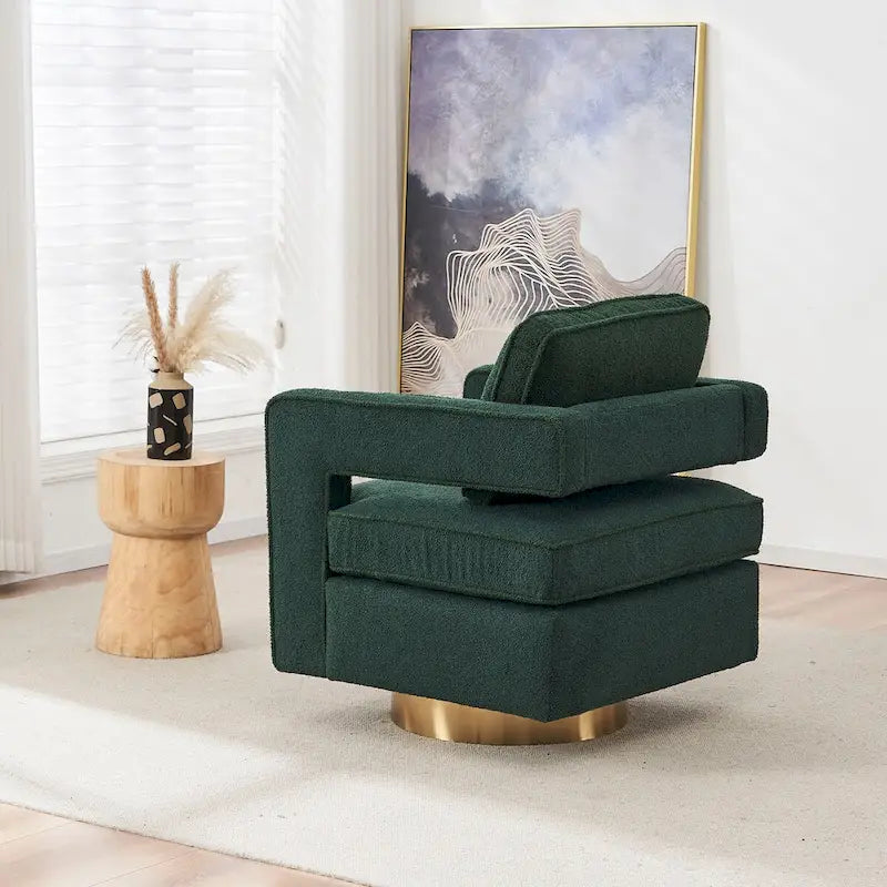 Fauteuil d'appoint pivotant moderne en tissu avec dossier ajouré et piètement doré