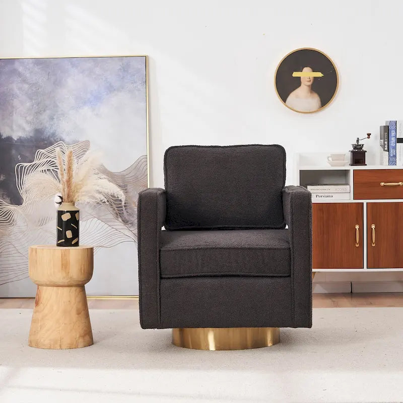 Fauteuil d'appoint pivotant moderne en tissu avec dossier ajouré et piètement doré