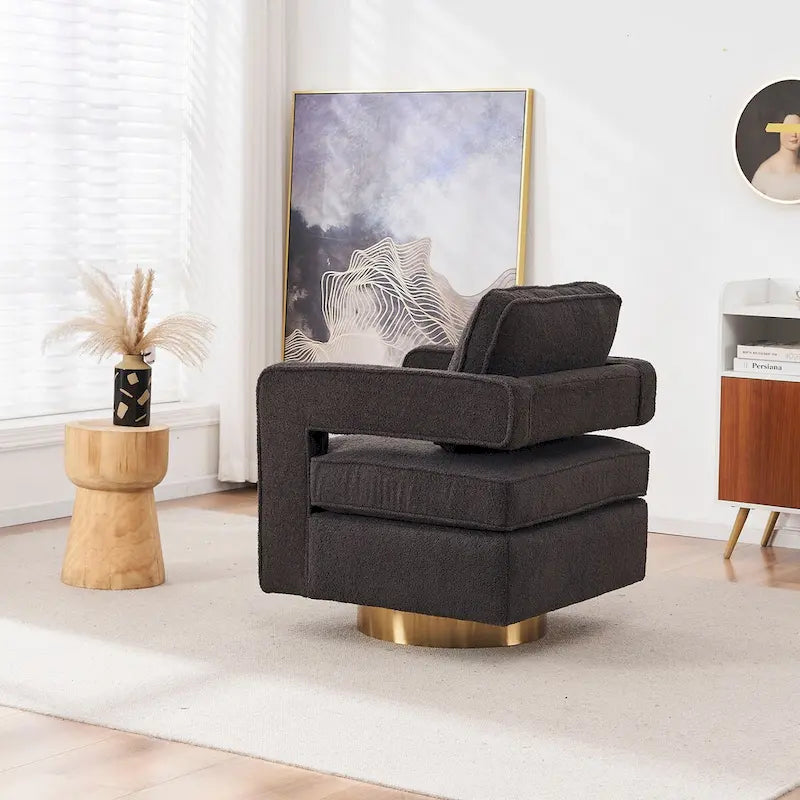 Fauteuil d'appoint pivotant moderne en tissu avec dossier ajouré et piètement doré