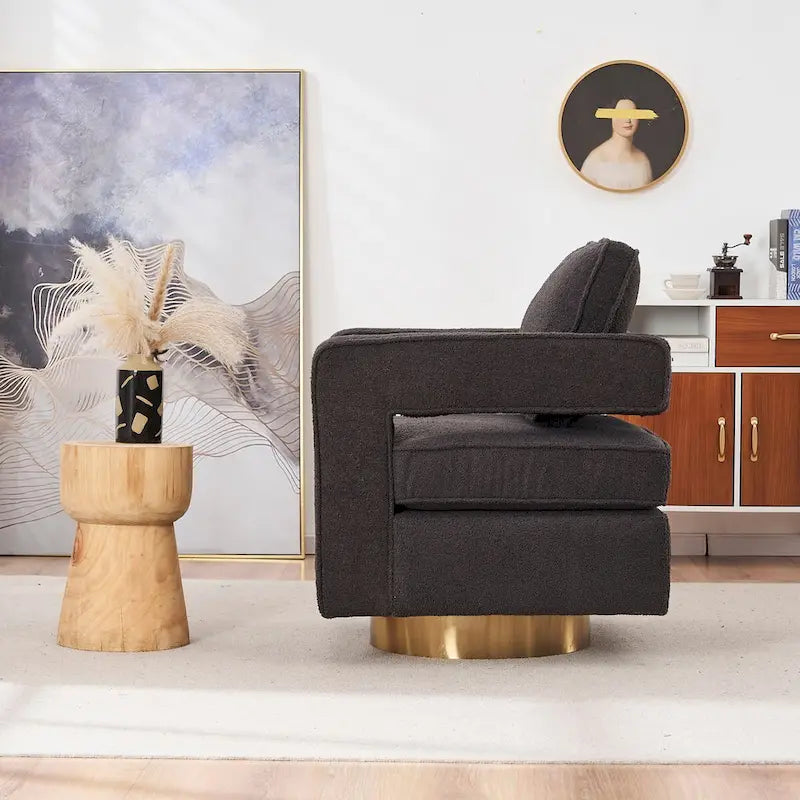Fauteuil d'appoint pivotant moderne en tissu avec dossier ajouré et piètement doré