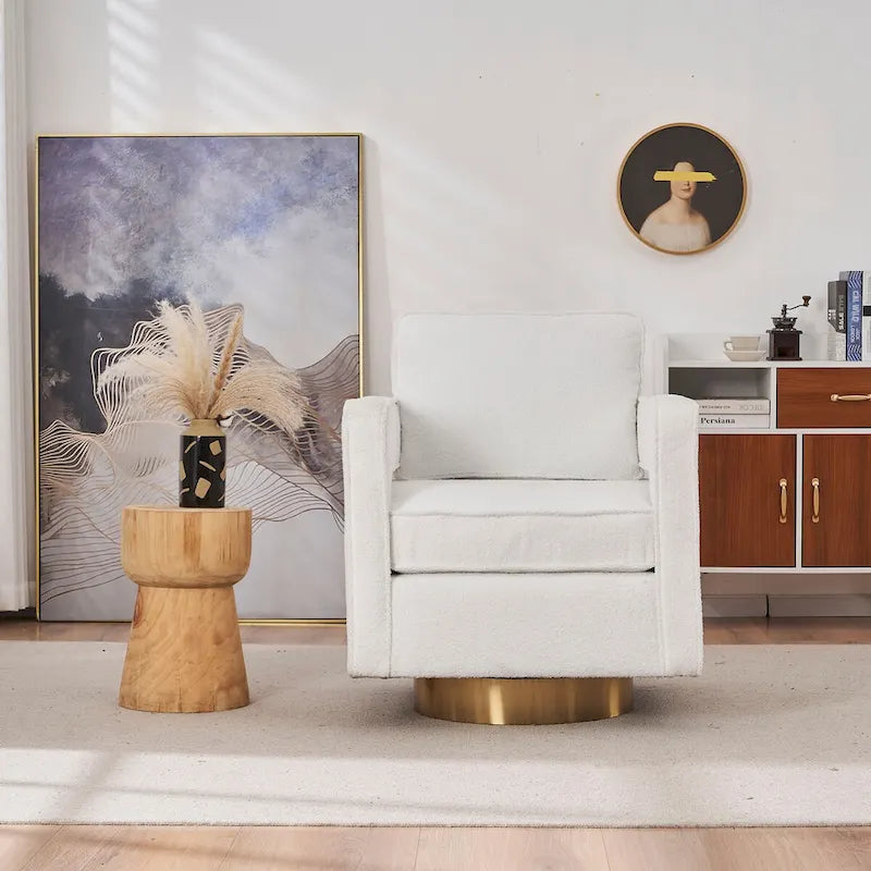 Fauteuil d'appoint pivotant moderne en tissu avec dossier ajouré et piètement doré