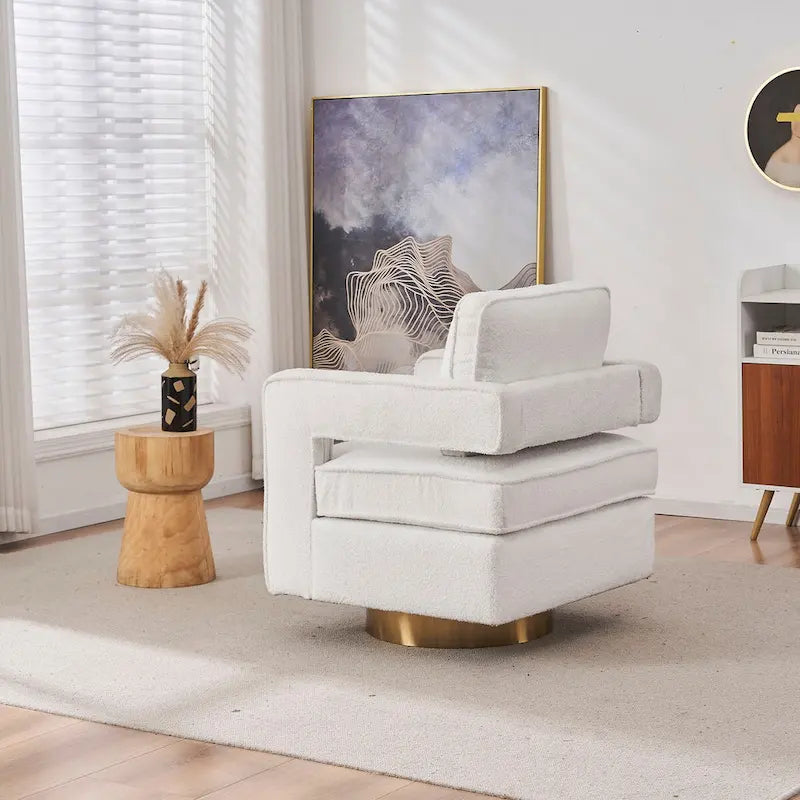 Fauteuil d'appoint pivotant moderne en tissu avec dossier ajouré et piètement doré
