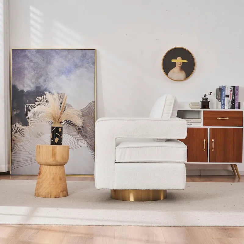 Fauteuil d'appoint pivotant moderne en tissu avec dossier ajouré et piètement doré