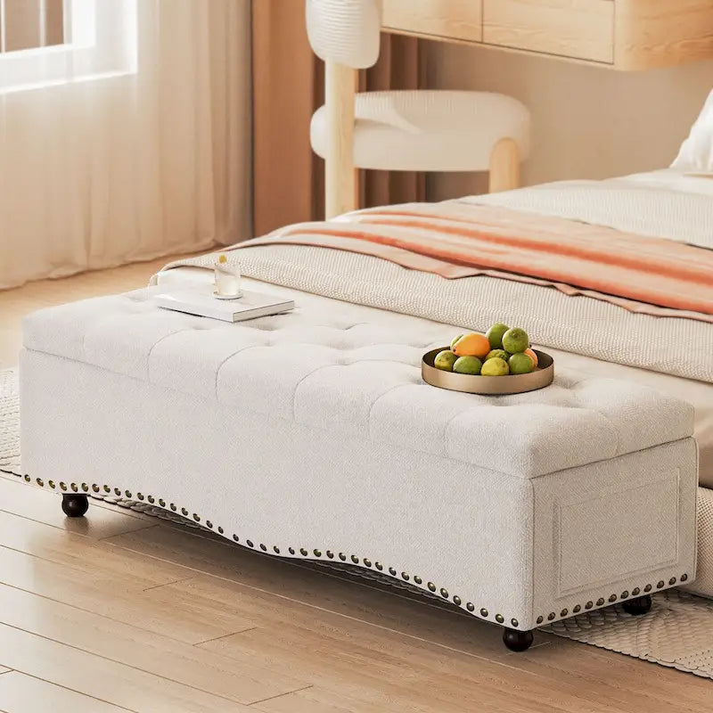 Banc de rangement capitonné de 48,5 po avec clous décoratifs et 2 grandes poches latérales pour chambre à coucher, salon, entrée