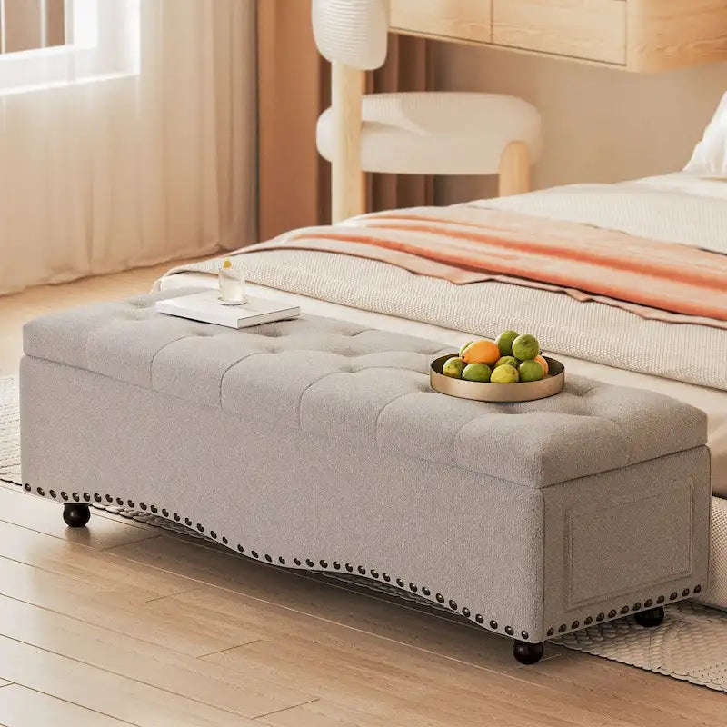 Banc de rangement capitonné de 48,5 po avec clous décoratifs et 2 grandes poches latérales pour chambre à coucher, salon, entrée