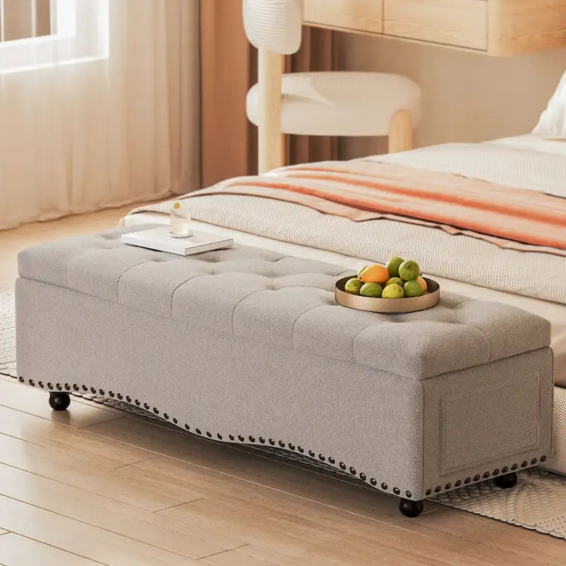 Banc de rangement capitonné de 48,5 po avec clous décoratifs et 2 grandes poches latérales pour chambre à coucher, salon, entrée