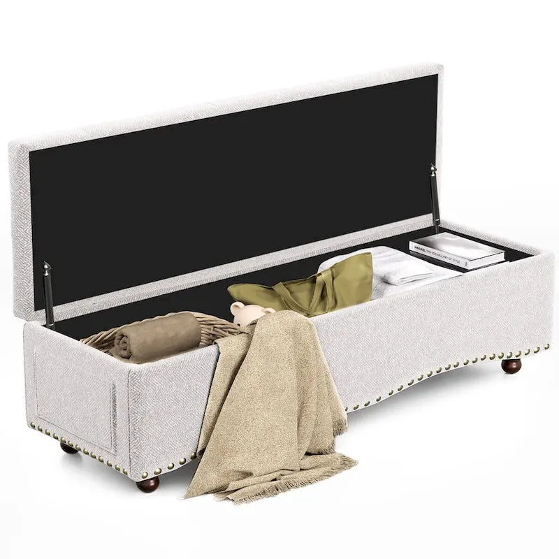 Banc de rangement capitonné de 48,5 po avec clous décoratifs et 2 grandes poches latérales pour chambre à coucher, salon, entrée