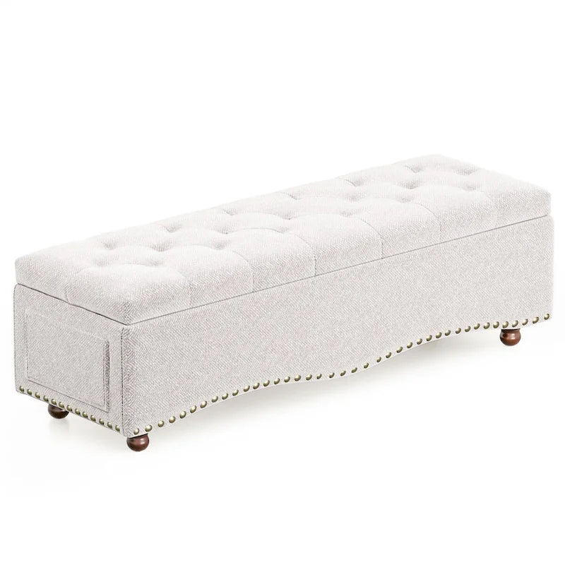 Banc de rangement capitonné de 48,5 po avec clous décoratifs et 2 grandes poches latérales pour chambre à coucher, salon, entrée