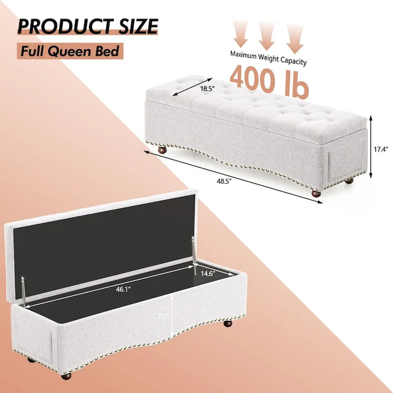 Banc de rangement capitonné de 48,5 po avec clous décoratifs et 2 grandes poches latérales pour chambre à coucher, salon, entrée