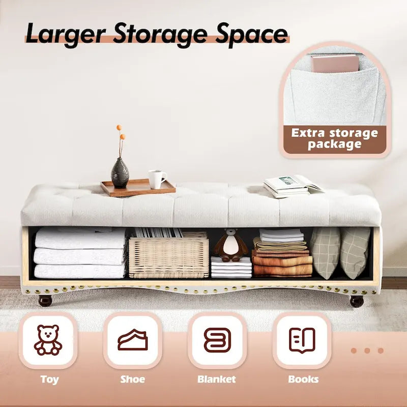 Banc de rangement capitonné de 48,5 po avec clous décoratifs et 2 grandes poches latérales pour chambre à coucher, salon, entrée