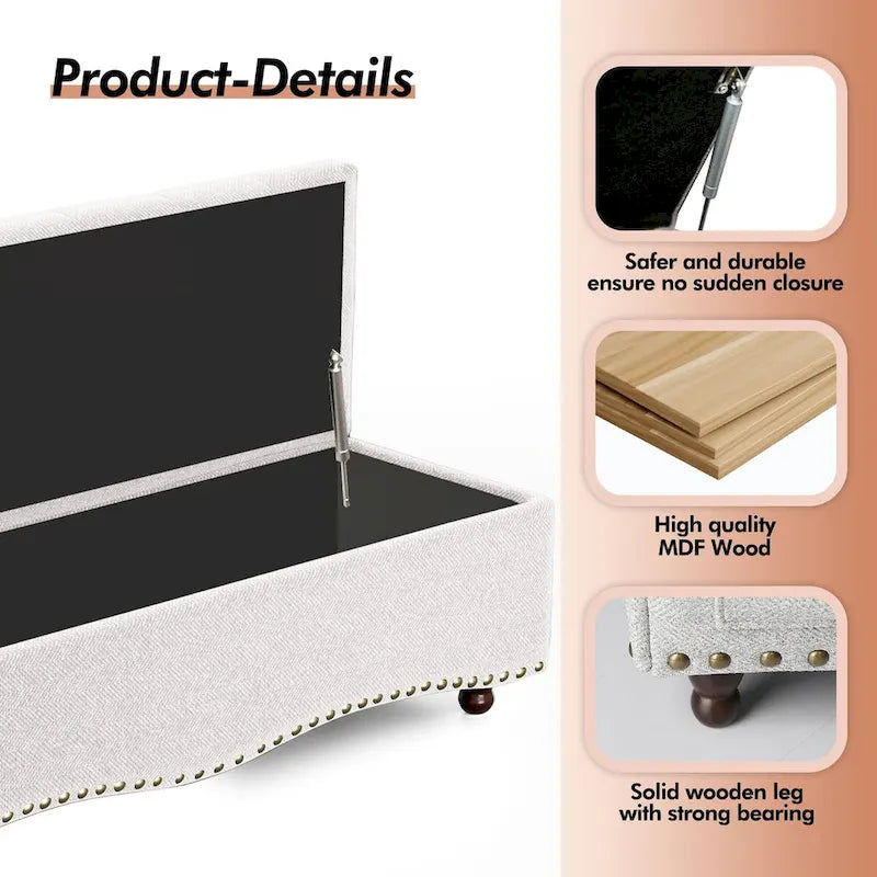 Banc de rangement capitonné de 48,5 po avec clous décoratifs et 2 grandes poches latérales pour chambre à coucher, salon, entrée
