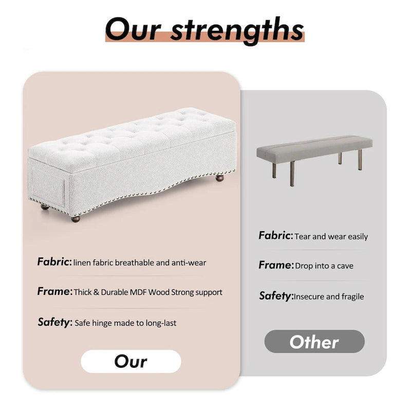 Banc de rangement capitonné de 48,5 po avec clous décoratifs et 2 grandes poches latérales pour chambre à coucher, salon, entrée