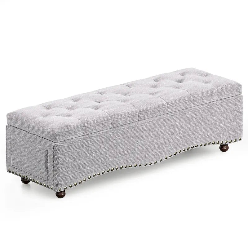 Banc de rangement capitonné de 48,5 po avec clous décoratifs et 2 grandes poches latérales pour chambre à coucher, salon, entrée