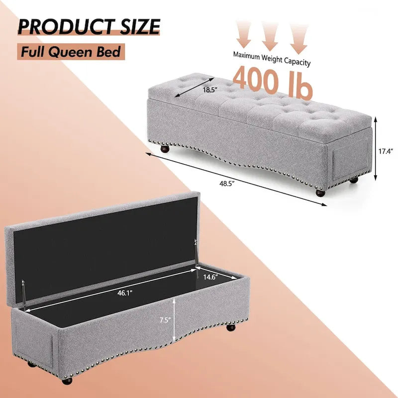 Banc de rangement capitonné de 48,5 po avec clous décoratifs et 2 grandes poches latérales pour chambre à coucher, salon, entrée